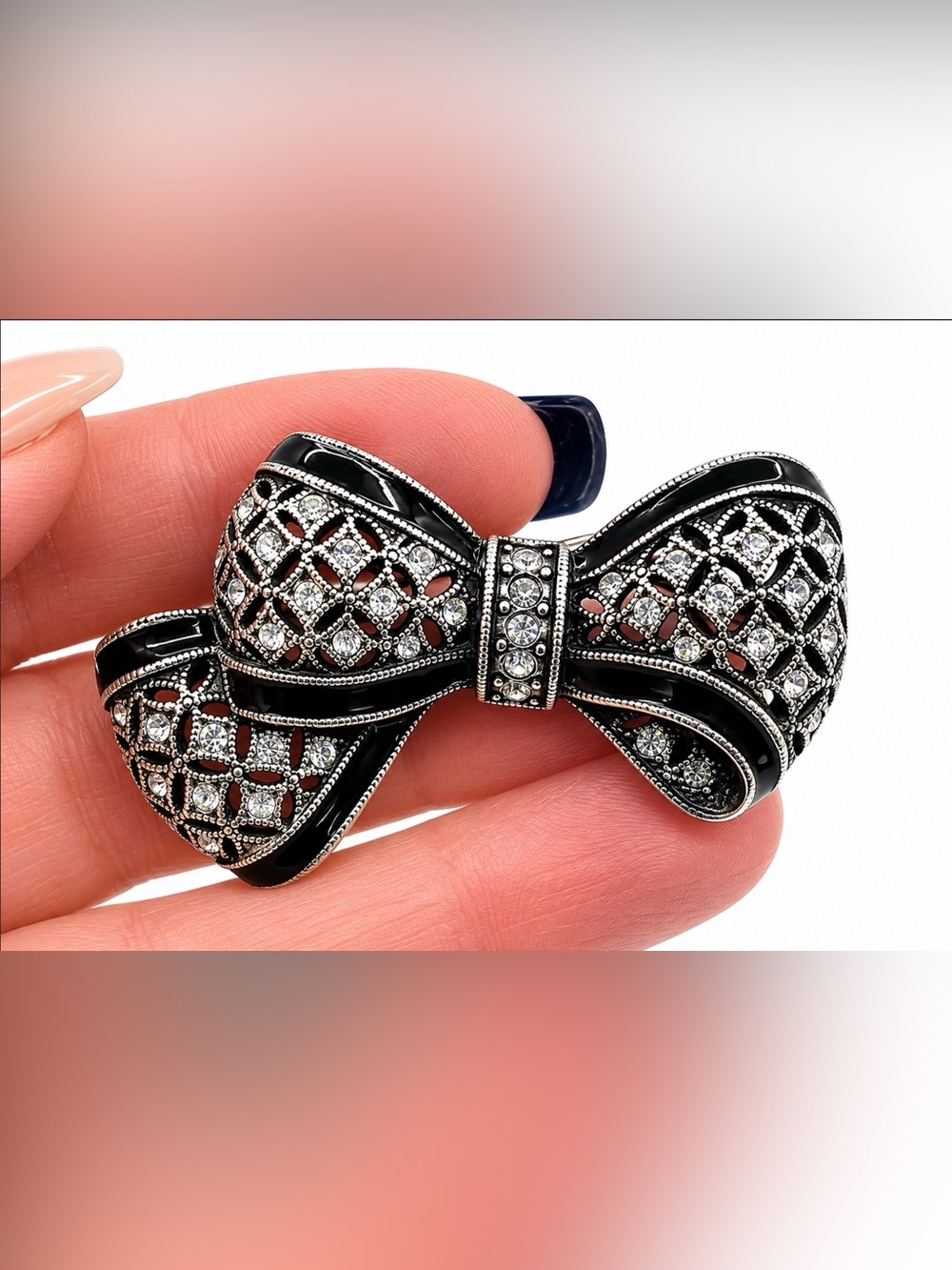 Anne Klein Black Enamel Rhinestone Open Work Ribbon Bow Brooch Vintage